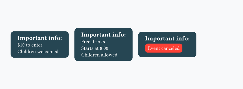 Three dark announcement cards with short messages, including an Event canceled badge