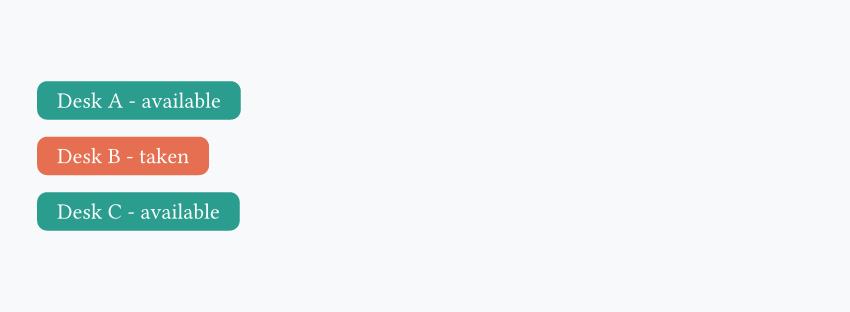 Vertical stack of desk status cards showing Desk A available, Desk B taken, and Desk C available