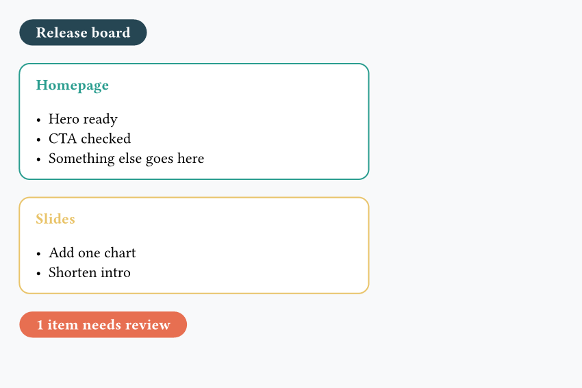 Small release board with a dark title pill, two outlined task cards, and a red review banner
