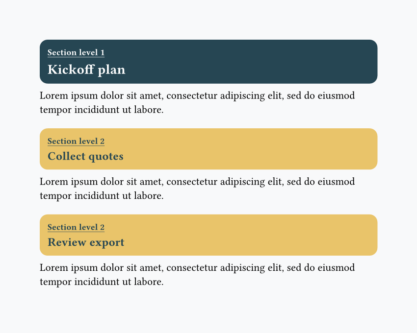 Document with a dark section card for Kickoff plan, two amber subheading cards, and short paragraphs under each one