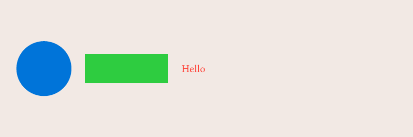 Blue circle, green rectangle, and red "Hello" text aligned on their vertical centers
