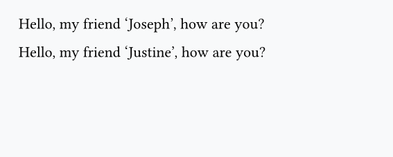 Two greeting lines addressed to Joseph and Justine