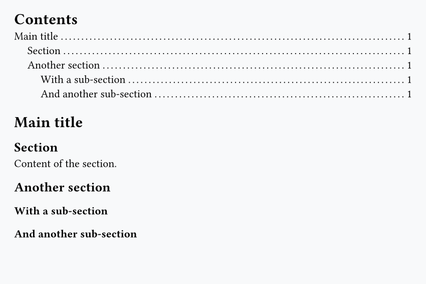 Default table of contents generated by #outline() in Typst