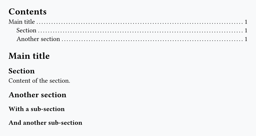 Table of contents showing only level 1 and 2 headings with depth: 2