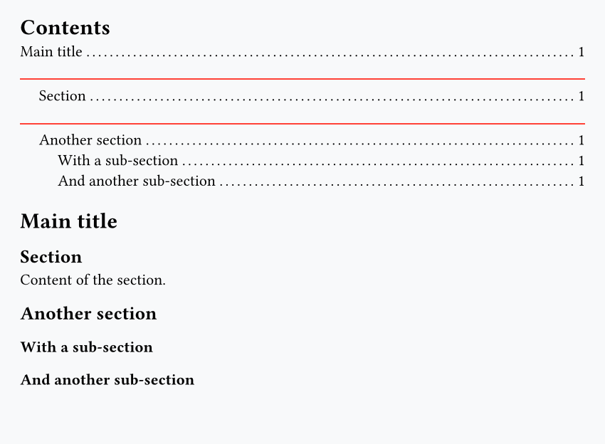 Table of contents with a red divider above level 2 headings