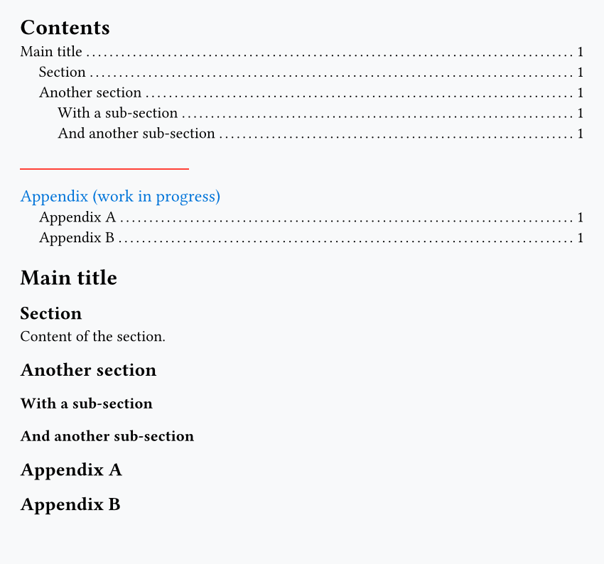 Table of contents where Appendix A has custom styling and extra text