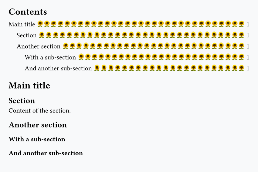 Table of contents using sunflower emojis as custom leaders